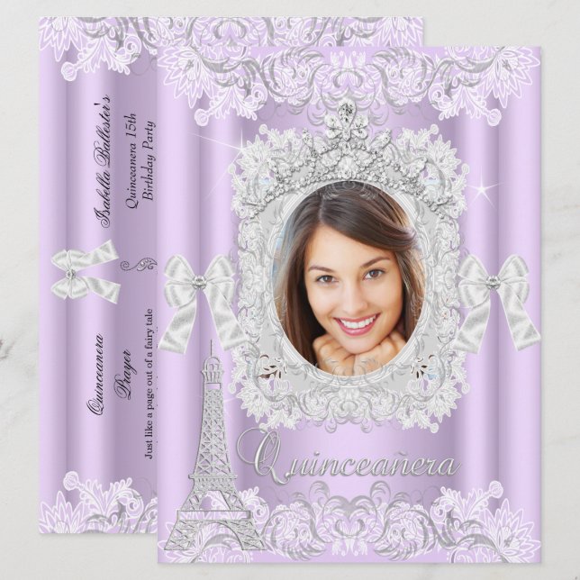 Princess Quinceanera Purple Lace Photo Large Invitation (Front/Back)