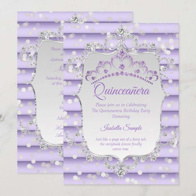 Princess Quinceanera purple lilac diamond silver Invitation (Front/Back)