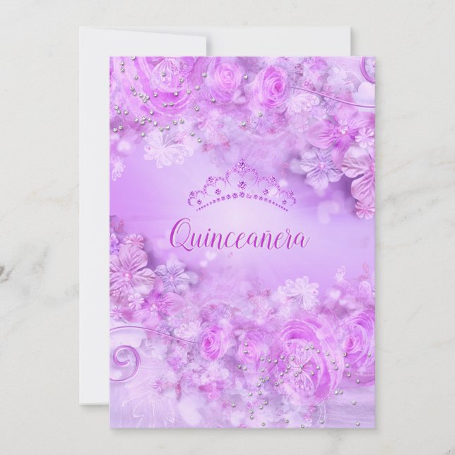 Princess Quinceanera purple pink floral Tiara Invitation (Front)