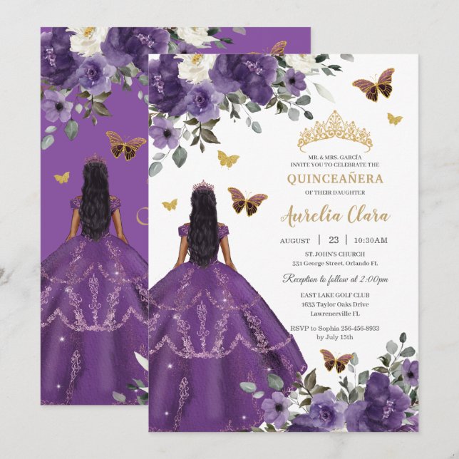 Princess Quinceañera Purple Roses Dress Gold Invitation (Front/Back)