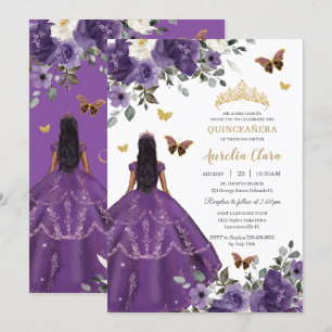 Princess Quinceañera Purple Roses Dress Gold Invitation