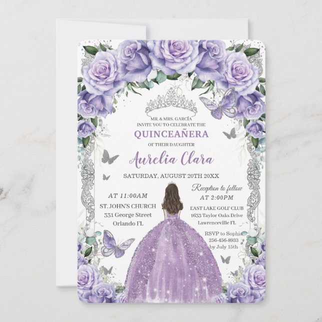 Princess Quinceañera Purple Roses Floral Silver Invitation (Front)