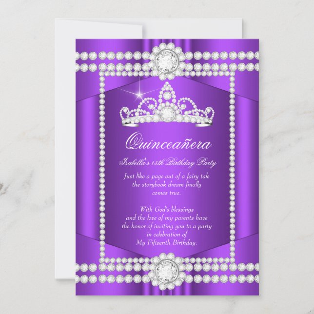 Princess Quinceanera Purple White Diamond Tiara Invitation (Front)