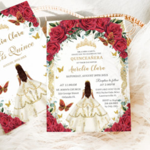 Princess Quinceañera Red Roses Floral White Dress Invitation