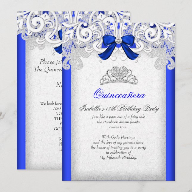 Princess Quinceanera Royal Blue 15th Birthday Invitation (Front/Back)