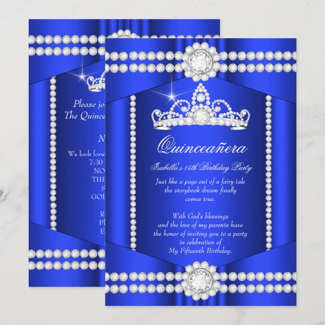 Princess Quinceanera Royal Blue Diamond Tiara Invitation (Front/Back)