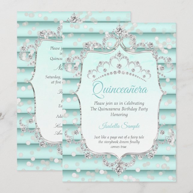 Princess Quinceanera soft teal blue diamond Invitation (Front/Back)