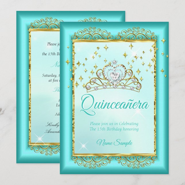 Princess Quinceañera Teal Blue Gold Birthday Invitation (Front/Back)