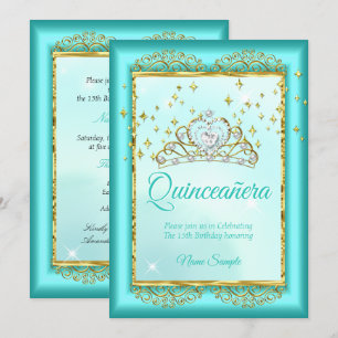 Princess Quinceañera Teal Blue Gold Birthday Invitation