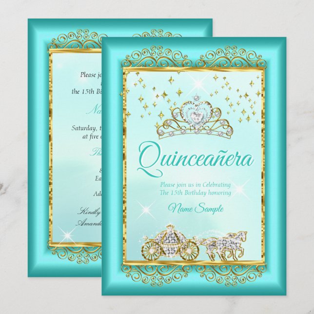 Princess Quinceañera Teal Blue Gold fairytale Invitation (Front/Back)