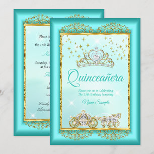 Princess Quinceañera Teal Blue Gold fairytale Invitation