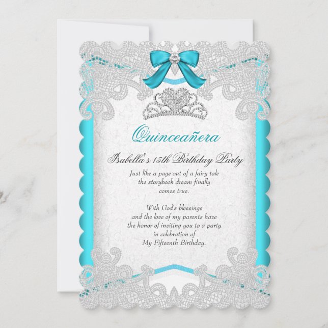 Princess Quinceanera Teal Blue Lace Birthday Party Invitation (Front)