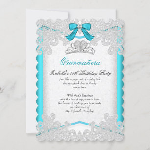 Princess Quinceanera Teal Blue Lace Birthday Party Invitation