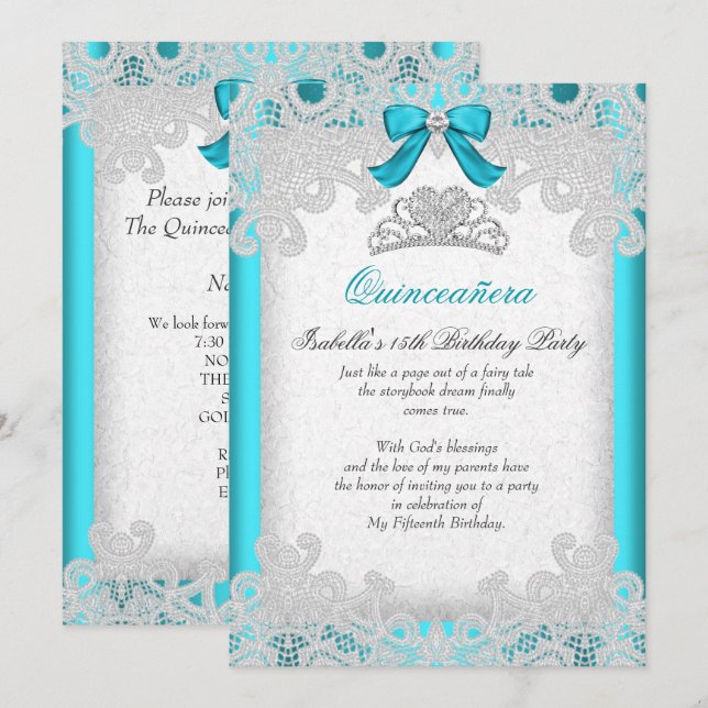 Princess Quinceanera Teal Blue Lace Invitation (Front/Back)