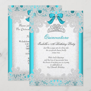 Princess Quinceanera Teal Blue Lace Invitation