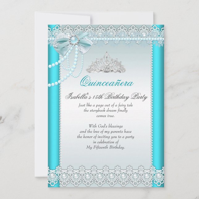 Princess Quinceanera Teal Blue Lace Pearl 2 Invitation (Front)