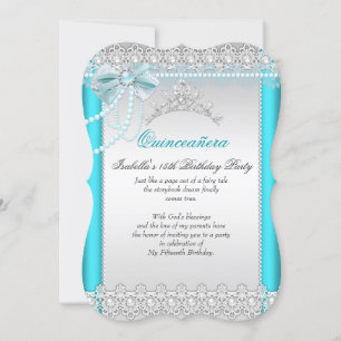 Princess Quinceanera Teal Blue Lace Pearl Tiara Invitation
