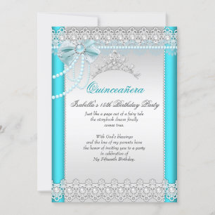 Princess Quinceanera Teal Blue Lace Pearl Tiara Invitation