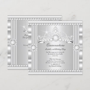 Princess Quinceanera Tiara Silver White Satin Invitation