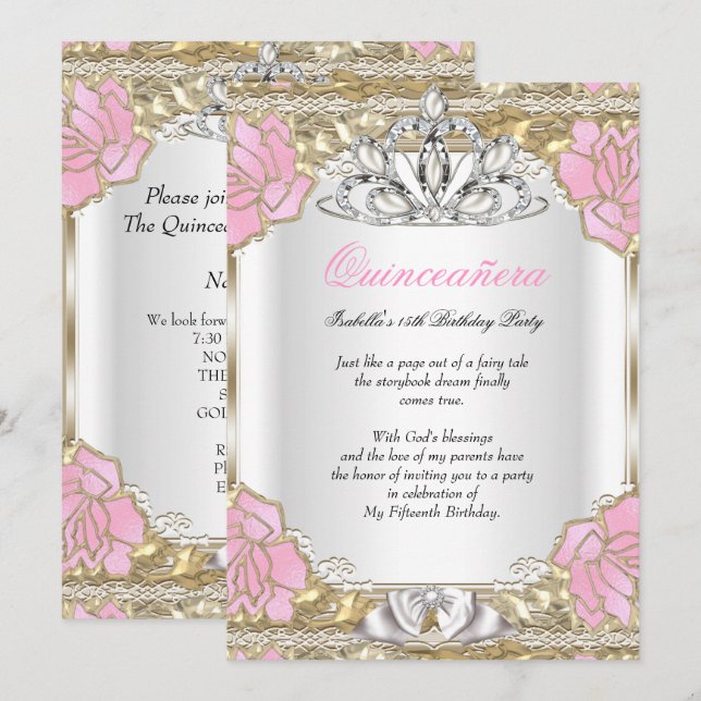 Princess Quinceanera White Pink Gold 15th Birthday Invitation (Front/Back)
