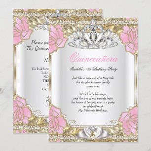 Princess Quinceanera White Pink Gold 15th Birthday Invitation