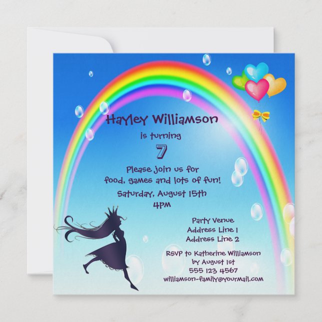 Princess, Rainbow, Bubbles & Balloons Birthday Invitation (Front)