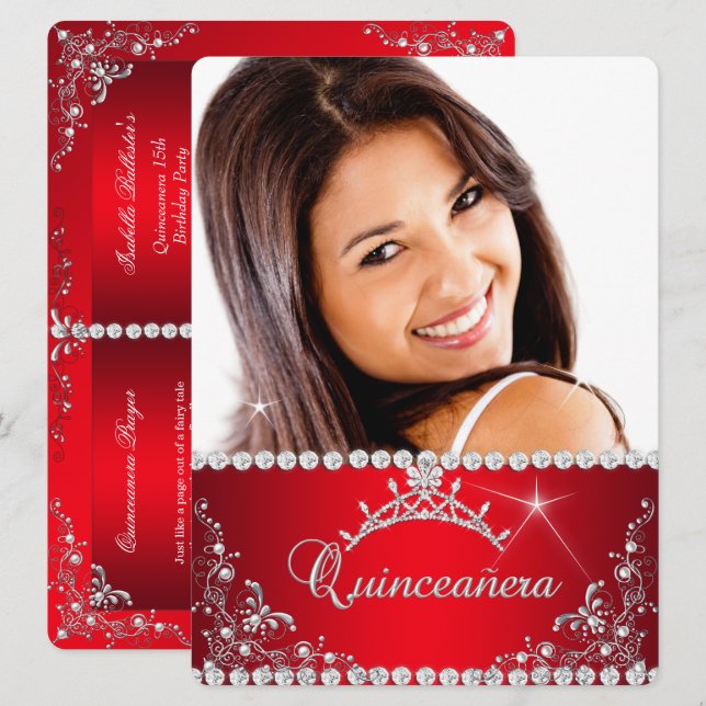 Princess Red Quinceanera Photo Silver Tiara Invitation (Front/Back)