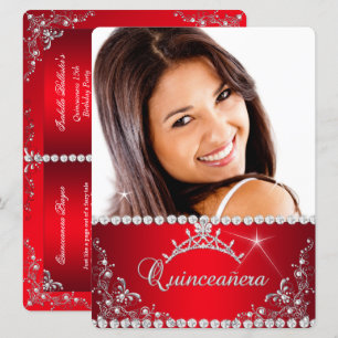 Princess Red Quinceanera Photo Silver Tiara Invitation