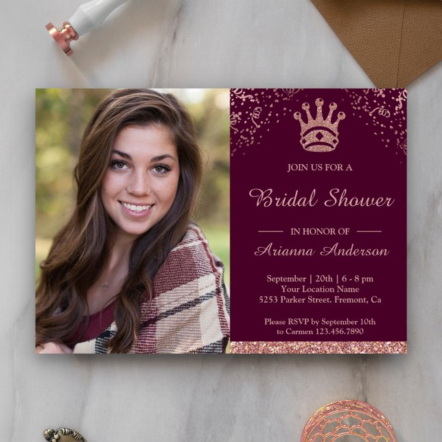 Princess Rose Gold Glitter Photo Bridal Shower Invitation (Creator Uploaded)