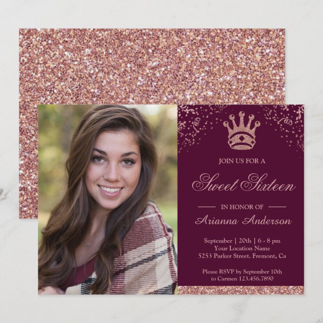 Princess Rose Gold Glitter Photo Sweet Sixteen Invitation (Front/Back)