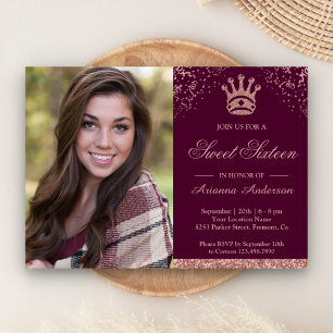 Princess Rose Gold Glitter Photo Sweet Sixteen Invitation