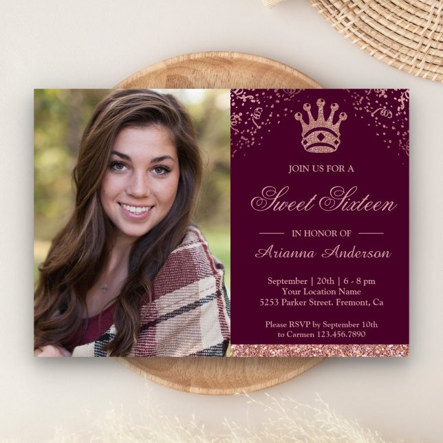 Princess Rose Gold Glitter Photo Sweet Sixteen Invitation (Creator Uploaded)
