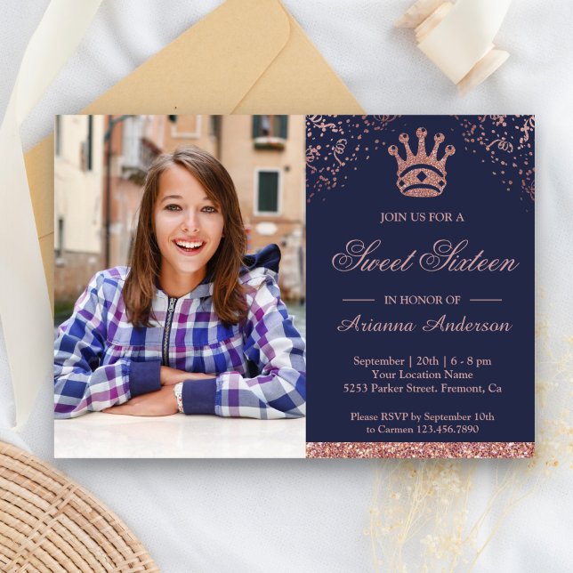 Princess Rose Gold Glitter Photo Sweet Sixteen Invitation (Creator Uploaded)