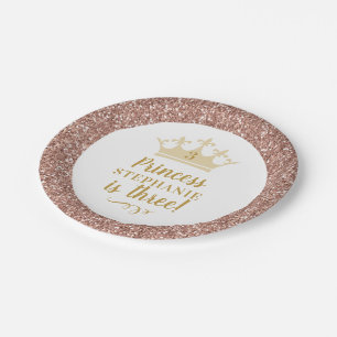Princess Rose Gold Pink Glitter Crown Birthday Paper Plate
