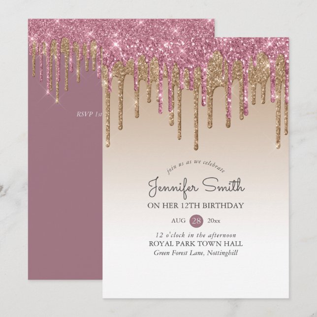 Princess ROSE PINK GOLD Drip Glitter 12th BIRTHDAY Invitation (Front/Back)