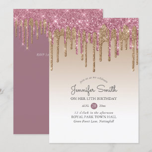 Princess ROSE PINK GOLD Drip Glitter 12th BIRTHDAY Invitation
