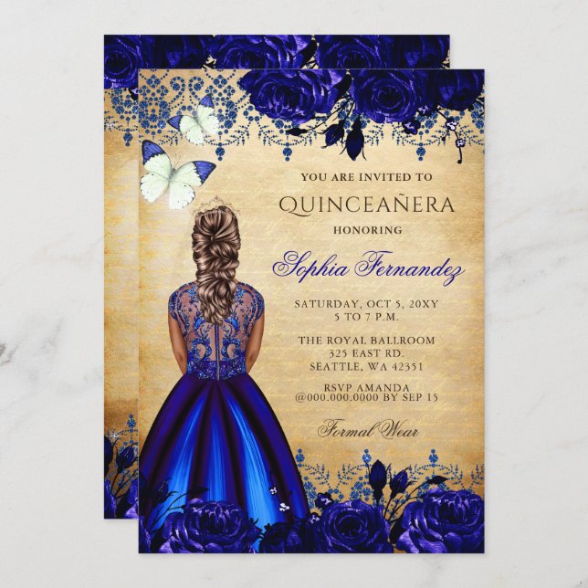 Princess Royal Blue Butterfly Quinceañera  Invitation (Front/Back)