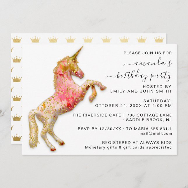 Princess Royal Crown Gold Glitter Pink Unicorn  Invitation (Front/Back)