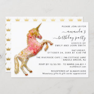 Princess Royal Crown Gold Glitter Pink Unicorn Invitation
