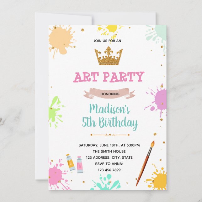 Princess royal painting slumber invitation (Front)