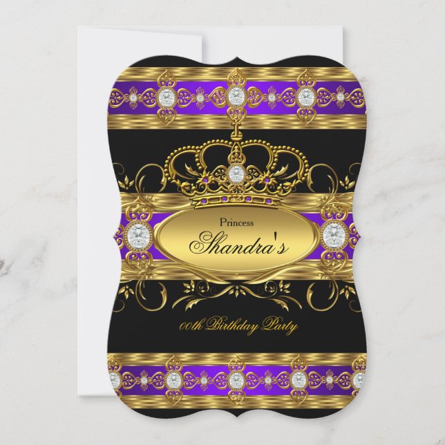 Princess Royal Purple Gold Diamond Queen Crown Invitation (Front)