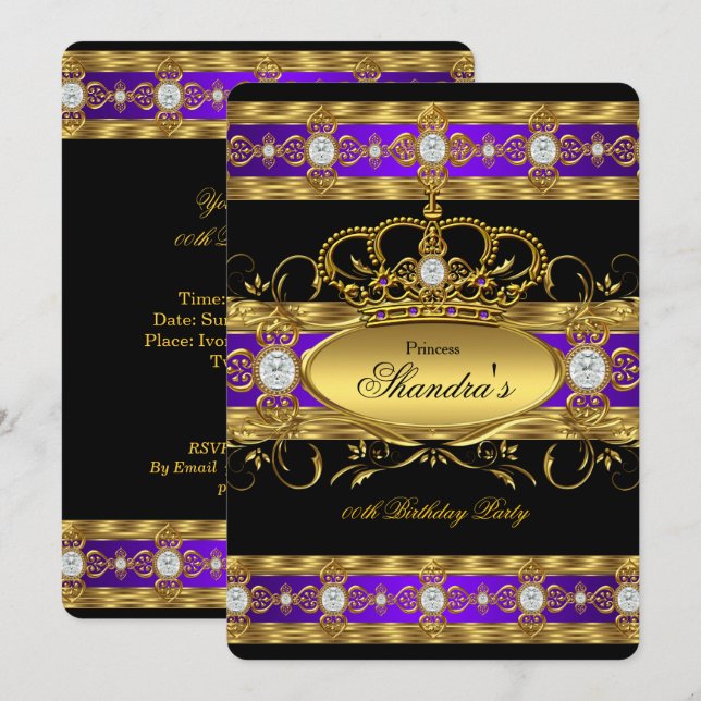Princess Royal Purple Gold Diamond Queen Crown Invitation (Front/Back)