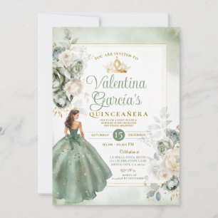 Princess Sage Green Quinceañera 15 Anos Gold Crown Invitation