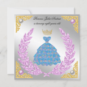 Princess Silver & Gold White Pearls Crown Birthday Invitation