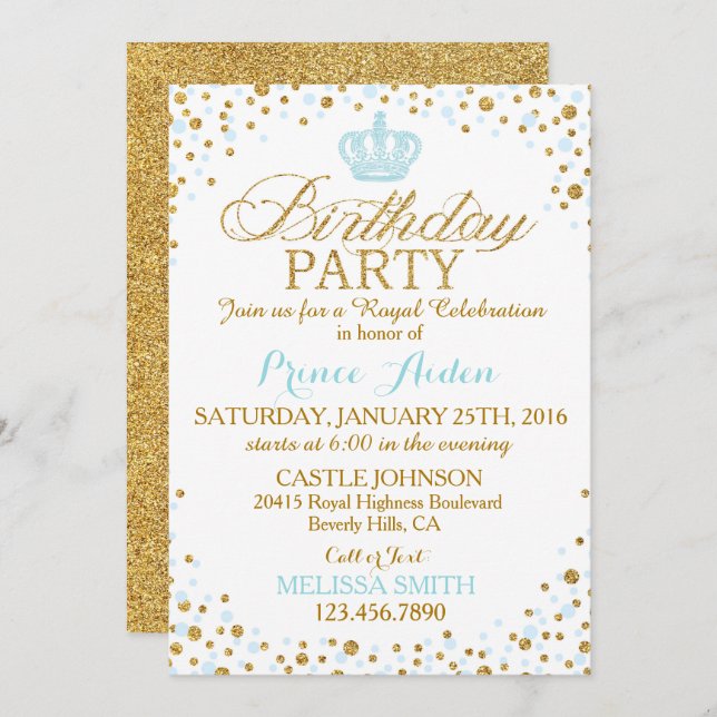 Princess Sparkle Blue and Gold Glitter Birthday Invitation (Front/Back)