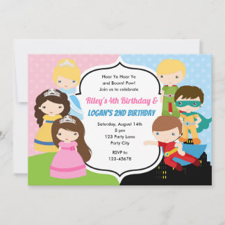 Princess Superhero Birthday Invitation Twins Joint