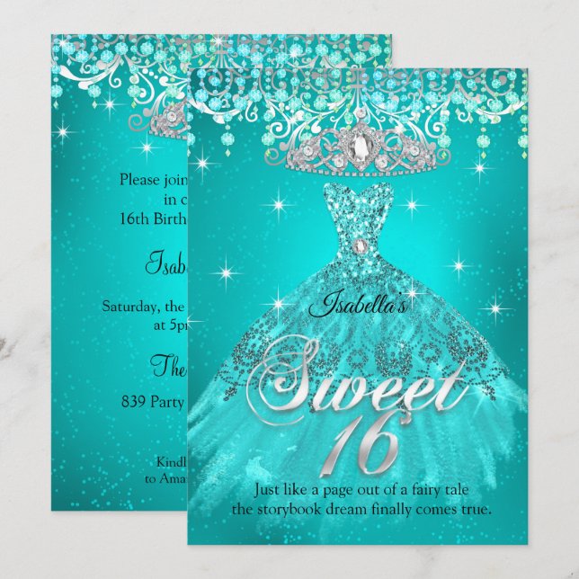 Princess Sweet 16 Birthday Teal Aqua Dress Tiara Invitation (Front/Back)