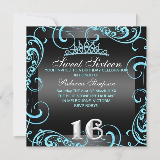 Princess Sweet 16 Blue & Black Birthday Invite (Front)