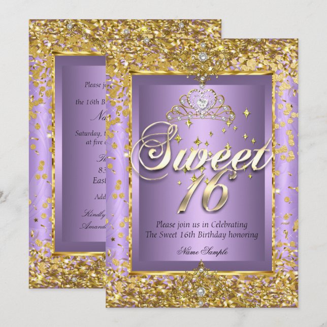 Princess Sweet 16 Gold Lavender Purple Party Invitation (Front/Back)