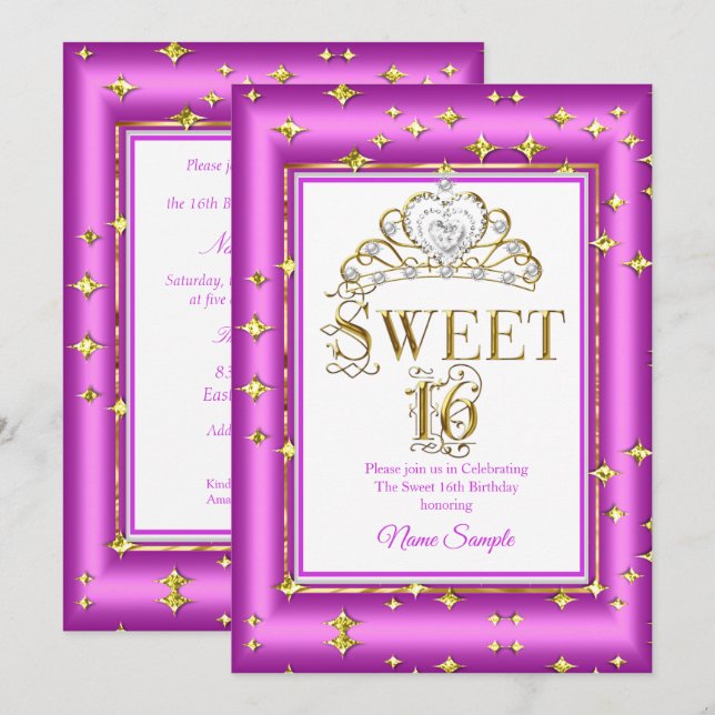 Princess Sweet 16 Gold Purple Pink Birthday Party Invitation (Front/Back)